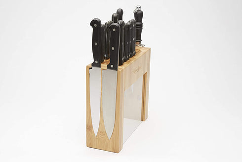 11 Slot Bamboo Knife Block w/ Magnetic Sides - Thomas Grace Homewares Kitchen Universal Knife Holder Organizer (KNIFE BLOCK WITHOUT KNIVES). Magnetic Knife Block Strip Boosts Storage to 15 Knives