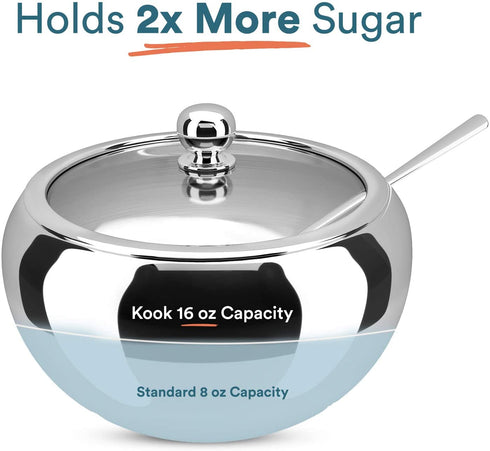Kook Stainless Steel Sugar Bowl with Lid and Spoon, Serving Dish, Clear Glass Lid, Storage for Salt, Candy, Coffee, Holds 2 Cups, Dishwasher Safe, 16 oz