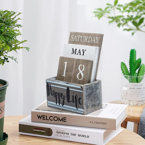 Gaobei Perpetual Calendar Wooden Calendar Blocks Vintage Wood Block Calendar for Home Office Desk Accessories Week Month Date Display (Happy Life)