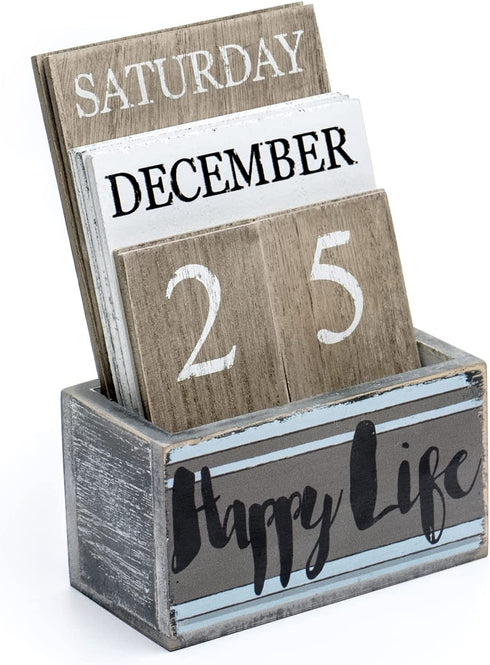 Gaobei Perpetual Calendar Wooden Calendar Blocks Vintage Wood Block Calendar for Home Office Desk Accessories Week Month Date Display (Happy Life)