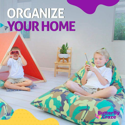 Butterfly Craze Bean Bag Chair Cover (Stuffing Not Included) Toddler Toy Organizer Fill with Stuffed Animals to Create a Jumbo, Comfy Floor Lounger for Boy™s or Girl™s Bedroom Camo