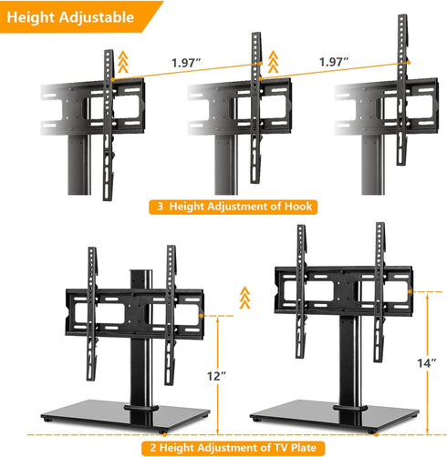 Universal Tabletop TV Stand Base with Swivel Mount for 27 32 37 40 43 46 50 55 inch LCD LED Plasma Flat Screens, Height Adjustable TV Base Replacement,Tempered Glass Base,Holds up to 88lbs
