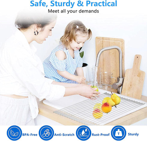 Roll Up Dish Drying Rack?Lauon Over The Sink Multipurpose Dish Drainer Tray Mat?304 Stainless Steel Foldable Dish Rack (17.8''x11.8'')