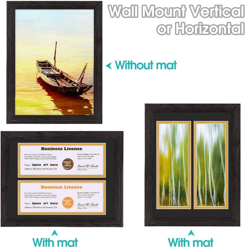 Space Art Deco, 8.5x11 for Business License Frame, Black Over Gold Double Mat with Two 4x9 Business License Openings, Easel Stand, Sawtooth Hanger (Dark Brown Textured)