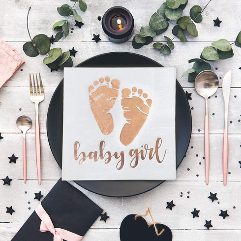 Trgowaul 100 Pack Baby Girl Shower Napkin Rose Gold Baby Girl Letters and Baby Footprint Pattern Beverage Napkins 3-Ply White Paper Cocktail Napkins for Girl Baby Shower Party