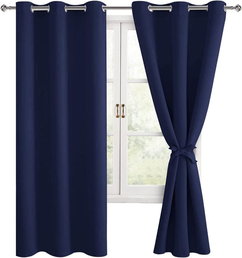 Hiasan Blackout Curtains for Bedroom, 42 x 63 Inches Length - Thermal Insulated & Light Blocking Window Curtains for Living Room, 2 Drape Panels Sewn with Tiebacks, Navy Blue