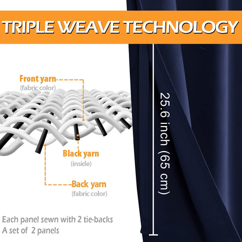 Hiasan Blackout Curtains for Bedroom, 42 x 63 Inches Length - Thermal Insulated & Light Blocking Window Curtains for Living Room, 2 Drape Panels Sewn with Tiebacks, Navy Blue