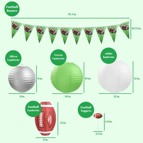 UNIQOOO 29Pcs American Football Paper Lantern Party Decoration Banner Flags, Assorted Sports Lanterns Set, Large 12 Inch 10, 8'', Super Game Day Kids Birthday Party Favor, Reusable Easy Assemble