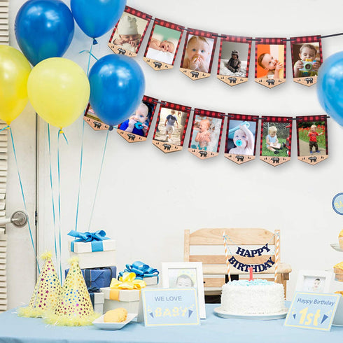 Lumberjack First Birthday Photo Banner Baby Monthly Photo Prop Buffalo Plaid Camping Bunting Garland, Woodland Party Decor