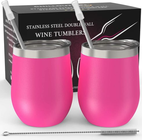 CHILLOUT LIFE Stainless Steel Wine Tumblers 2 Pack 12 oz - Double Wall Vacuum Insulated Wine Cups with Lids and Straws Set for Coffee, Wine, Cocktails - Hot Pink