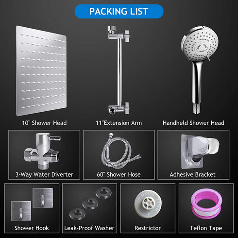Shower Head Combo,10 Inch High Pressure Rain Shower Head with 11 Inch Adjustable Extension Arm and 5 Settings Handheld Shower Head Combo,Powerful Shower Spray Against Low Pressure Water with Long Hose