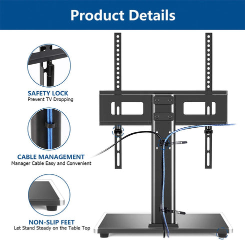 Rfiver Universal Table Top TV Stand TV Base Replacement for Most 27 30 32 39 40 42 43 49 50 55 inch LCD LED Plasma Flat Screen TVs, Vesa Mount Holds up to 88lbs, Height Adjustable and Cable Management