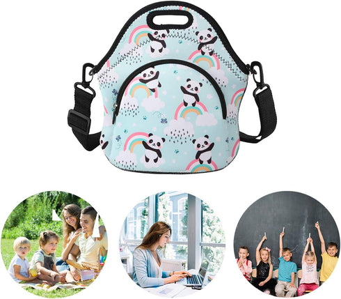Violet Mist Neoprene Thermal Insulated Lunch Tote Bag Soft Large with Extra Pocket Detachable Adjustable Shoulder Lunchbox Handbags Women men (Rainbow Panda)