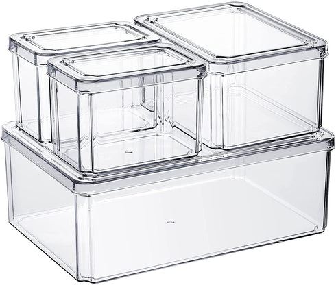 Set of 4 Fridge Storage Bins,Stackable Kitchen Pantry Cabinet, Freezer Food Organizer Box with Lid,Clear Plastic BPA Free Food Container for Kitchen Countertops, Refrigerator
