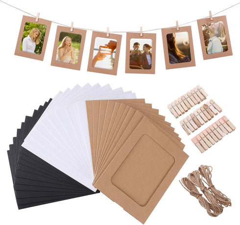 VORCOOL Kraft Paper Photo Frames 4x6in 30pcs Picture Frames Multi Wall Hanging Paper Photo Frames with 30 Clips 3 Ropes for DIY Display Party Decor