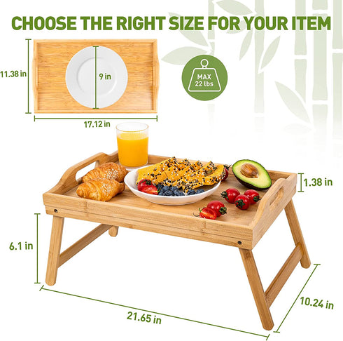 Bamboo Bed Tray,Breakfast Tray with Folding Legs Serving Tray with Carrying Handles Portable Lap Tray Lightweight Decorative Tray Food Tray for Breakfast in Bed,Reading or Working (17.1 Inch)