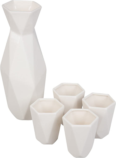 5 Piece Traditional Japanese Sake Set, 1 Tokkuri Bottle and 4 Ochko Cups, White - Unique Custom Modern Design