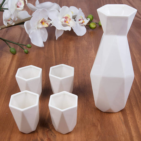 5 Piece Traditional Japanese Sake Set, 1 Tokkuri Bottle and 4 Ochko Cups, White - Unique Custom Modern Design
