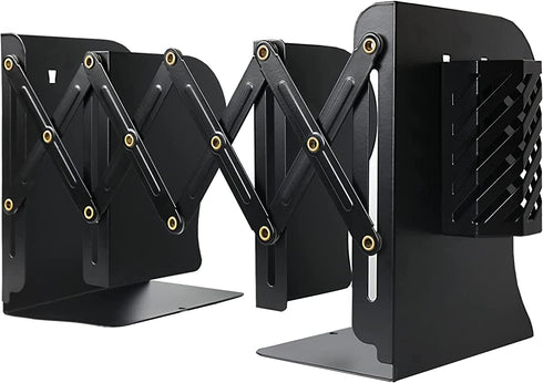 PROWOHO Adjustable Book Ends, Bookends with Removable Pen Holder for Office, Shelves, Desktop File Organizer, Kitchen, School Library and Home, Black