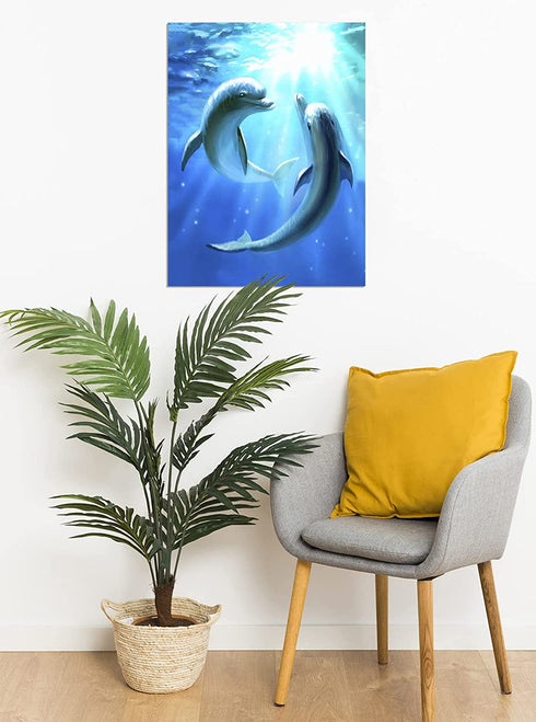 HVEST Dolphin Canvas Wall Art Cute Dolphins Playing Under Sea with Sunshine Picture Printing Artwork for Living Room Bedroom Bathroom Wall Decor,Stretched and Framed Ready to Hang,12x16 Inches