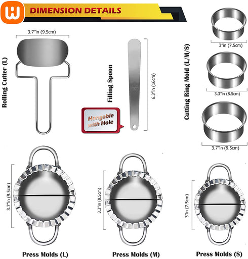Dumplings Maker 8 PCs Stainless Steel, Empanada Press Mold Set and Cutter for Chinese Wonton Pie Ravioli Pierogi, Gyoza Dough Pastry Wrappers Pot Stickers Skin Manual Stuffing Spoon Flour Ring Tools