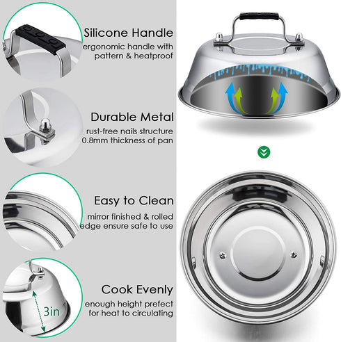 Cheese Melting Dome, HaSteeL 12In & 9In Heavy Duty Round Basting Steam Cover, Stainless Steel Griddle Grill Accessories for Flat Top BBQ Kitchen Cooking Indoor & Outdoor, Dishwasher Safe - (2Packs)