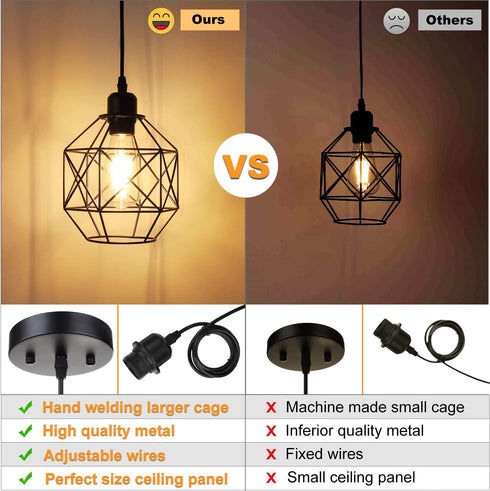 Pendant Lighting, Industrial Light Fixture, Retro Vintage Farmhouse Pendant Lights , Black Metal Cage Hanging Lights, Ceiling Lamp for Kitchen Island, Living Room, Dining Room, Loft, E26 Base, 2-Pack