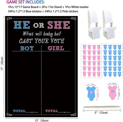 Baby Gender Reveal Board with Stand(12x17), 48 Boy Girl Voting Stickers, 1 Marker(erasable), He or She, Cast Your Vote Game for Guests, Gender Reveal Party Centerpiece Decorations, Chalkboard Design