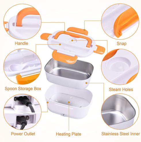 Electric Lunch Box Food Heater Warmer 2 in 1 for Home Office 110V and Car 12V 40W Use Include 1.5L Removable Stainless Steel Container Spoon and 2 Compartments(Orange)