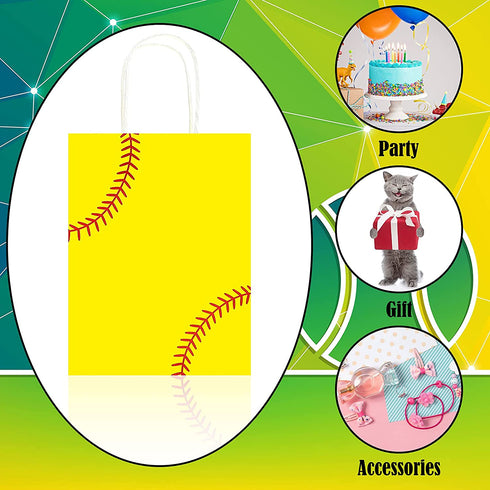 18 Pieces Softball Gift Bags Kraft Paper Bags Candy Bags Softball Party Treat Bags with Handles for Sport Softball Theme Birthday Baby Shower Favor Party Decorations