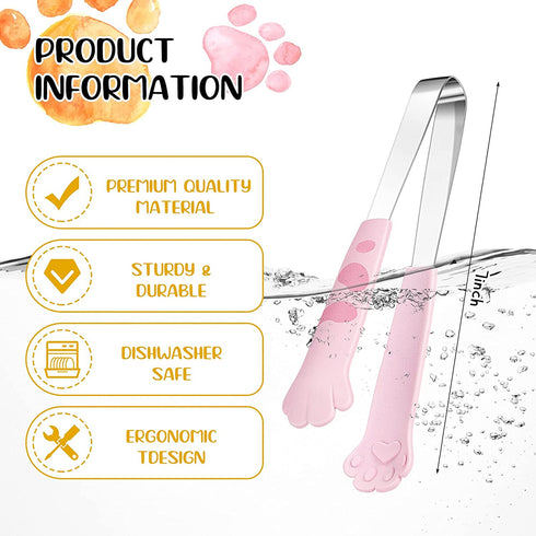 Patelai Cat Tongs 7 Inch Food Clips Kitchen Tongs Cat Paw Shape Tongs Stainless Steel Cooking Tongs for BBQ Cooking Grilling Sweets, Sugar (3, Pink, White, Black), one size