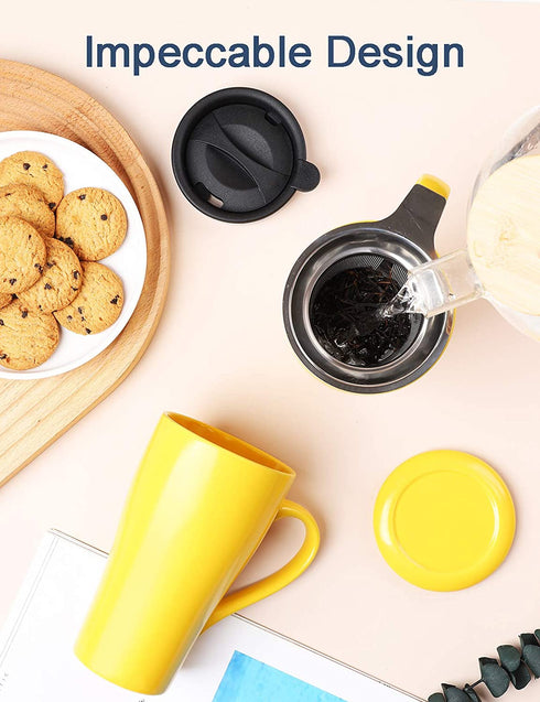 ARRADEN Tea Mug with Infuser and 2 Lids, 18oz Large Tea Infuser Cup, Tea Strainer Mug for Loose Tea, Ceramic Travel Mug with Tea Bag Holder (Yellow)