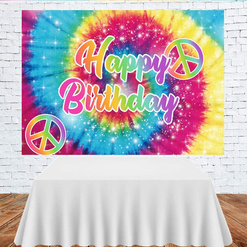 Lofaris Tie-Dye Birthday Party Photography Backdrop 60's Hippie Theme Happy Birthday Background Groovy Sign Rainbow Birthday Decorations Cake Table Banner Photo Booth Props 7x5ft