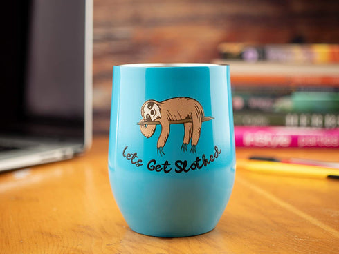 Sloth Gifts Lets Get Slothed - 12oz Wine or Coffee Tumbler/Mug with Lid - Idea for Sloth Lovers, Men, Women, Glass, Sloths Stuff, Cup