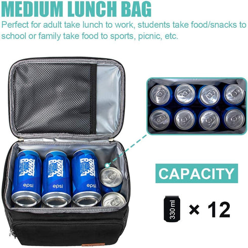 Insulated Lunch Bag for Women/Men - Reusable Lunch Box for Office Work School Picnic Beach - Leakproof Cooler Tote Bag Freezable Lunch Bag with Adjustable Shoulder Strap for Kids/Adult - Black
