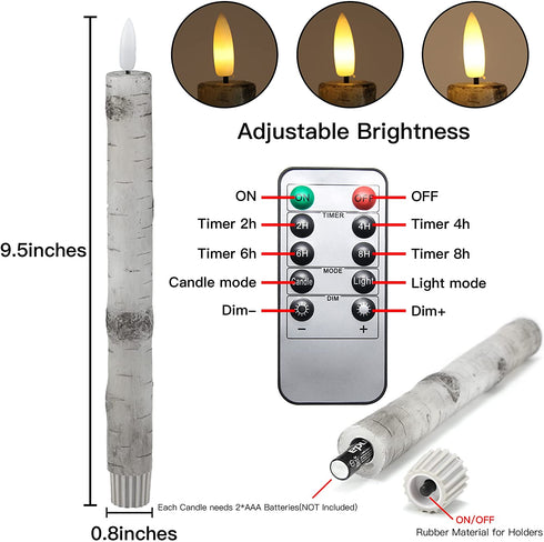 Fo32won LED Flameless Taper Candles Battery Operated with Remote and Timer, Pack of 3 Birch Bark Real Wax Window Candlesticks with 3D Flame Wick, 9.5 Inches Flickering Christmas Candlesticks