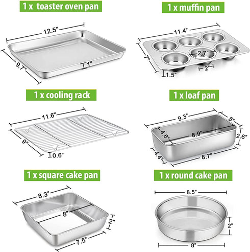 P&P CHEF Stainless Steel Small Baking Pan Set, 6-Piece Kitchen Bakeware Sets, Includes Oven Pan with Rack, Square/Round Cake Pan, Loaf & Muffin Pan, Easy Clean & Heavy Duty