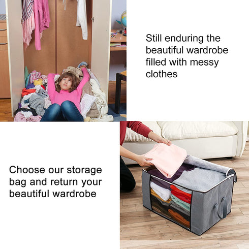Clothes Storage Bags, 90L Large Capacity Foldable Organizer for Blanket, Bedding, Comforter, 3 Pack Organization with Reinforced Handle and Zippers for Closet and Underbed Storage Bag (Light grey)