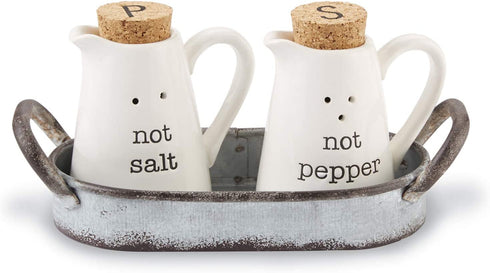 Mud Pie Farmhouse Inspired Ceramic Aluminum Salt and Pepper Caddy Set, One size, White