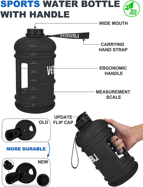 VENNERLI Half Gallon Water Bottle 2.2L Large Sports Water Bottle with Handle 74oz BPA-free Reusable Plastic Water Jugs Leakproof Hydro Bottle for Gym Yoga Travel Camping Cycling Outdoor Sports