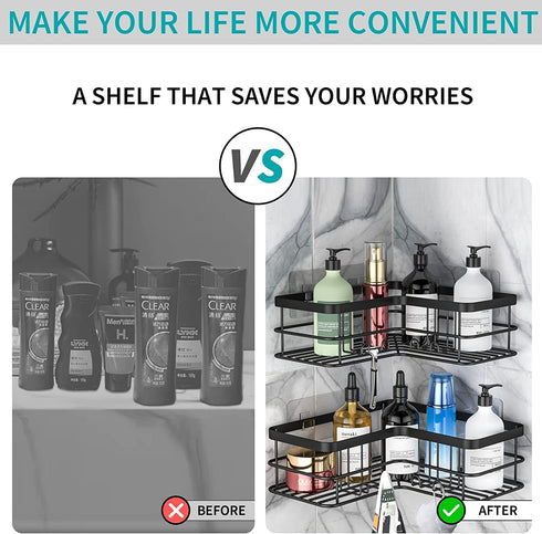 Yazoni Black Corner Shower Caddy, Adhesive Shower Organizer Corner, Bathroom Corner Shower Shelves Shampoo Holder with Hooks, Rust-proof Stainless Steel
