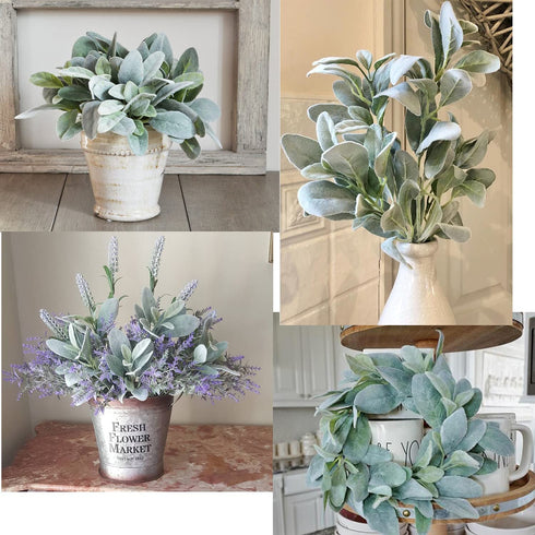 SHACOS Artificial Flocked Lambs Ear Greenery Stem 12 Pcs Faux Lambs Ear Stems Bulk Foliage Leaves Plant Spray for Home Wedding DIY Floral Arrangement