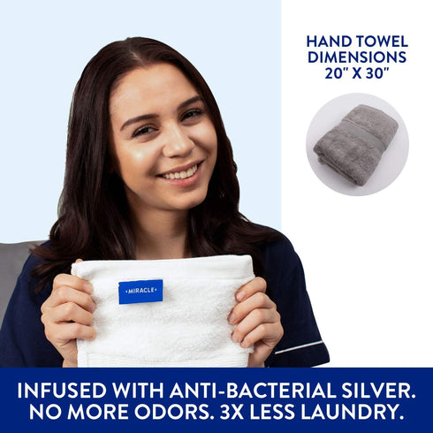 Miracle Made Hand Towel, Premium Hand Towels for Bathroom Infused with Natural Silver,100% Supima Cotton Towels, Ultra Absorbant & Soft, Odor Free (White)