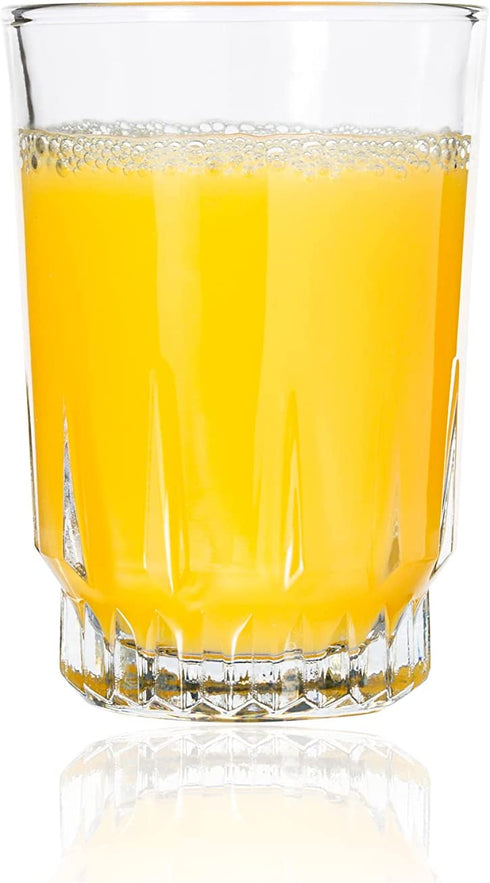 Vikko 9 Ounce Drinking Glasses: Highball Kitchen Glassware - For Orange Juice, Water, Soda, etc. -Thick and Durable - Sculpted Lines Design - Dishwasher Safe Set of 12 Crystal Clear Glass Cups