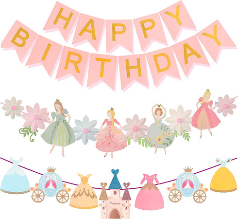 Princess Birthday Decoration | Princess Birthday Banner | Pink Happy Birthday Banner | Pink and Gold Birthday Party Decorations | Princess & Flower shape birthday party banner | Princess Home & Cab s
