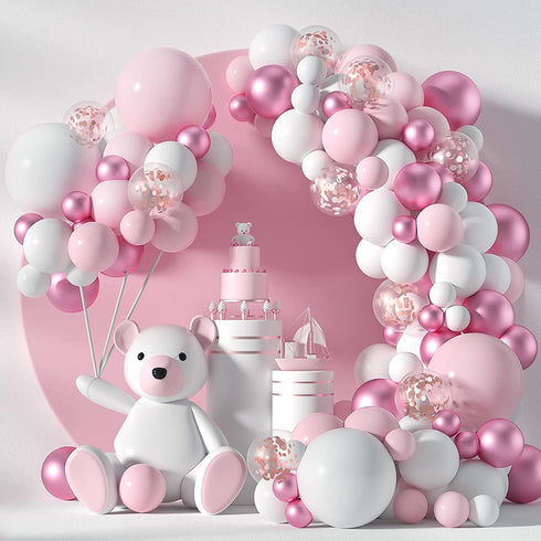 Honinda Pastel Pink Balloons Arch Garland Kit, 104 PCS Pink White Metallic Pink Rose Gold Confetti Latex Balloons for Baby Girl Shower Decorations Birthday Wedding Anniversary Bachelorette Party Background Decorations