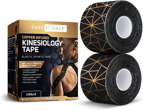 Care Science Waterproof Kinesiology Tape, 40 ct Precut Strips (2 Rolls), Copper Infused | Water Resistant Strips, Elastic Athletic Tape for Sports & Weightlifting, Muscle Strain Relief & Joint Support