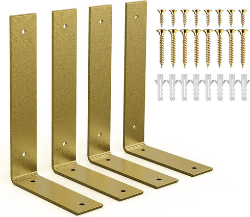 Gold Heavy Duty Shelf Brackets 6 x 4 Inch, Rustic Gold Iron L Shelf Bracket, Industrial Modern Metal Floating Shelf with Hardware for DIY Open Shelving, 4 Pack