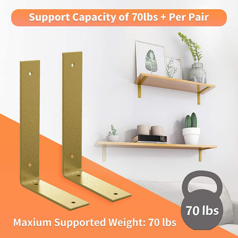 Gold Heavy Duty Shelf Brackets 6 x 4 Inch, Rustic Gold Iron L Shelf Bracket, Industrial Modern Metal Floating Shelf with Hardware for DIY Open Shelving, 4 Pack