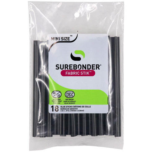 Surebonder Black Fabric Hot Glue Sticks, Mini Size 4-Inch L, 5/16-Inch D - 18 Pack, Machine Washable, Works with Fabric, Leather, Ribbon - Made in USA (FS-18B)